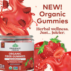 Organic India Fiber Gummies on a surface ready for daily fiber intake.