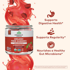 Organic India Fiber Gummies with real strawberries and organic ingredients.