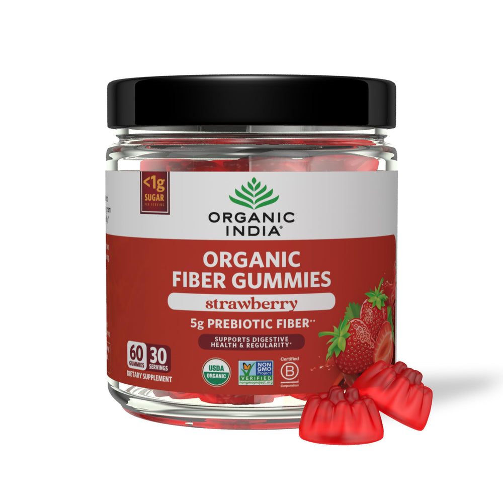 Organic India Fiber Gummies bottle front shows strawberry flavor and prebiotic fiber.