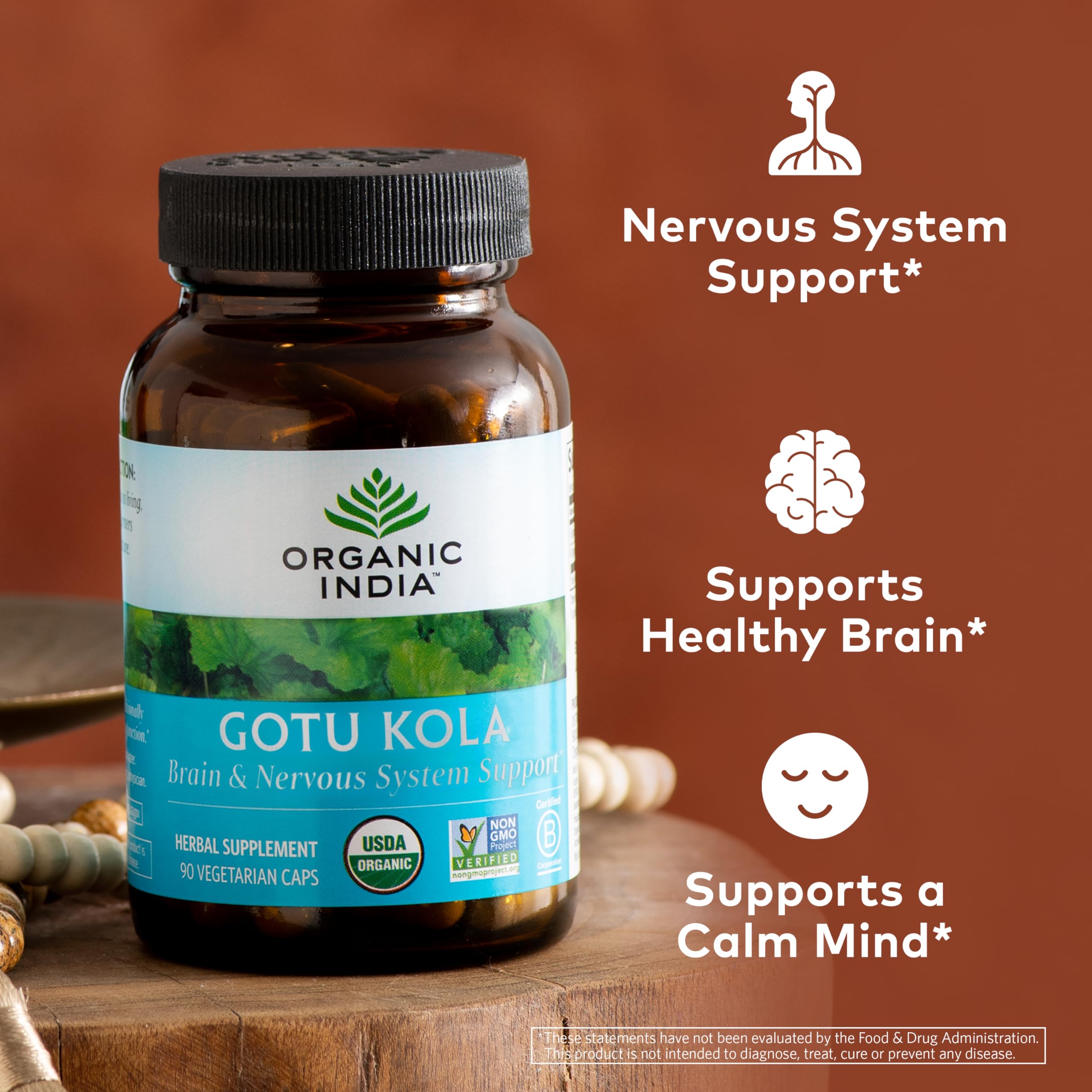 Organic India Gotu Kola label detail shows organic and vegan features.