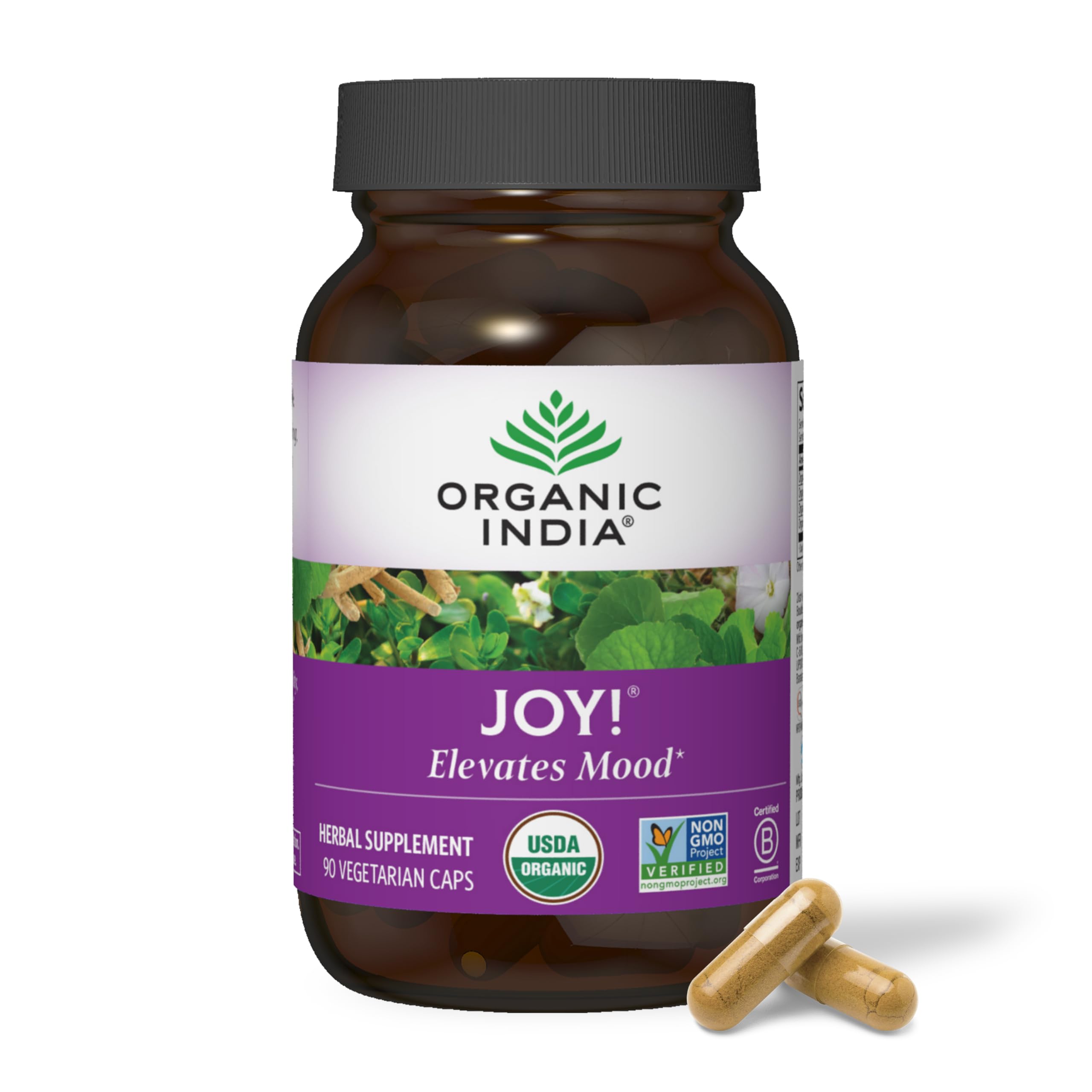 Organic India Joy bottle-front shows immune-support supplement for daily wellness.
