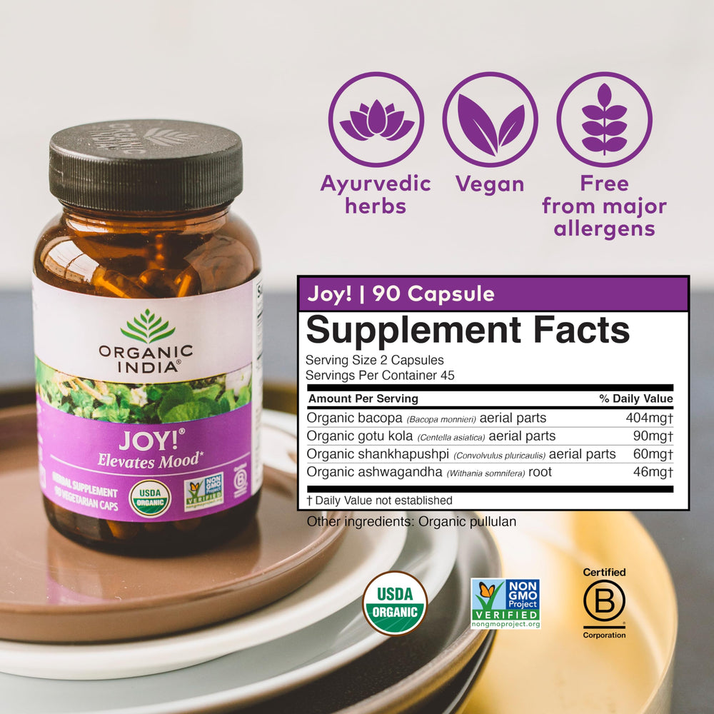 Organic India Joy certifications image highlighting vegan, gluten-free, kosher, and USDA Organic status.