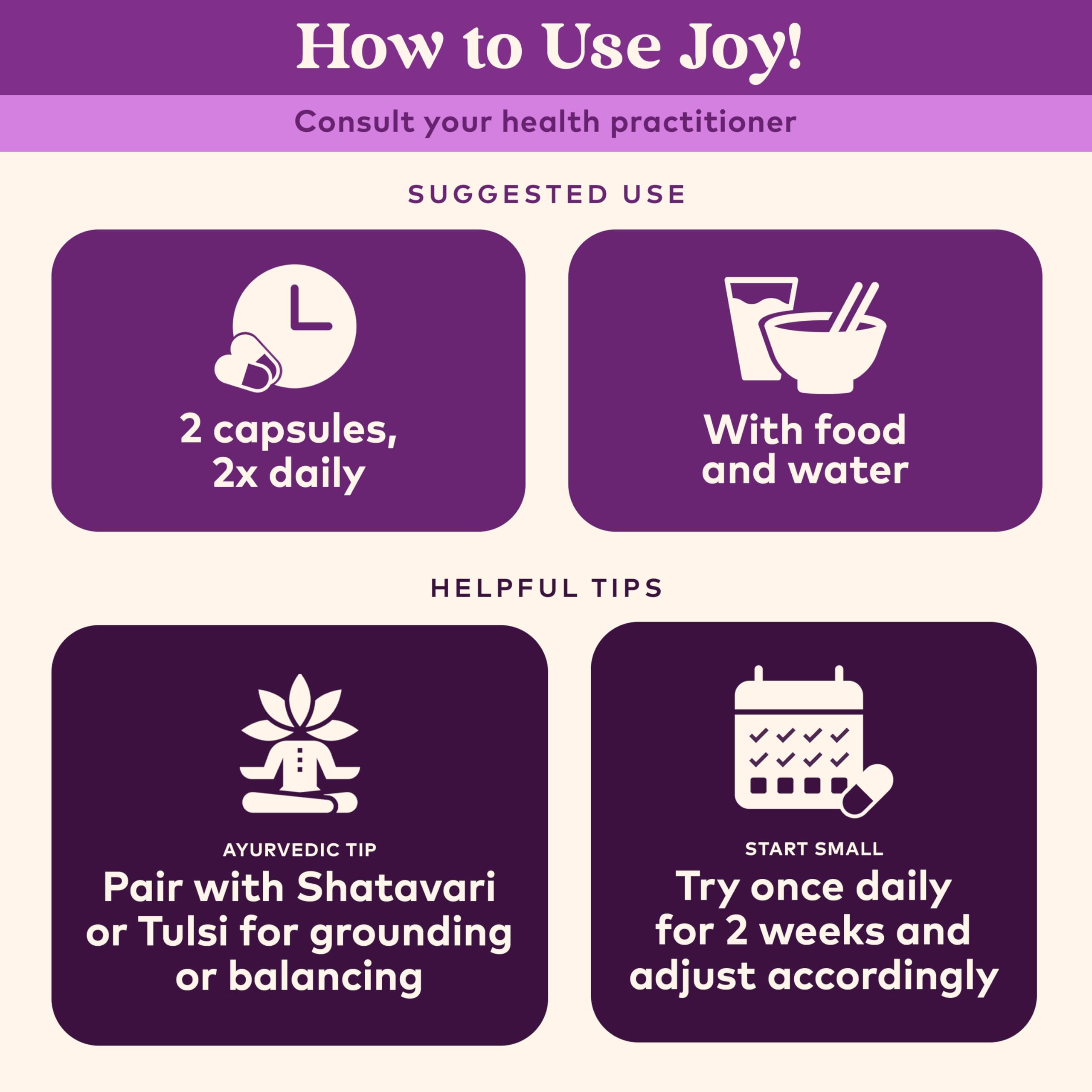 Organic India Joy dosage-direction illustrating simple daily intake for steady mood and focus.