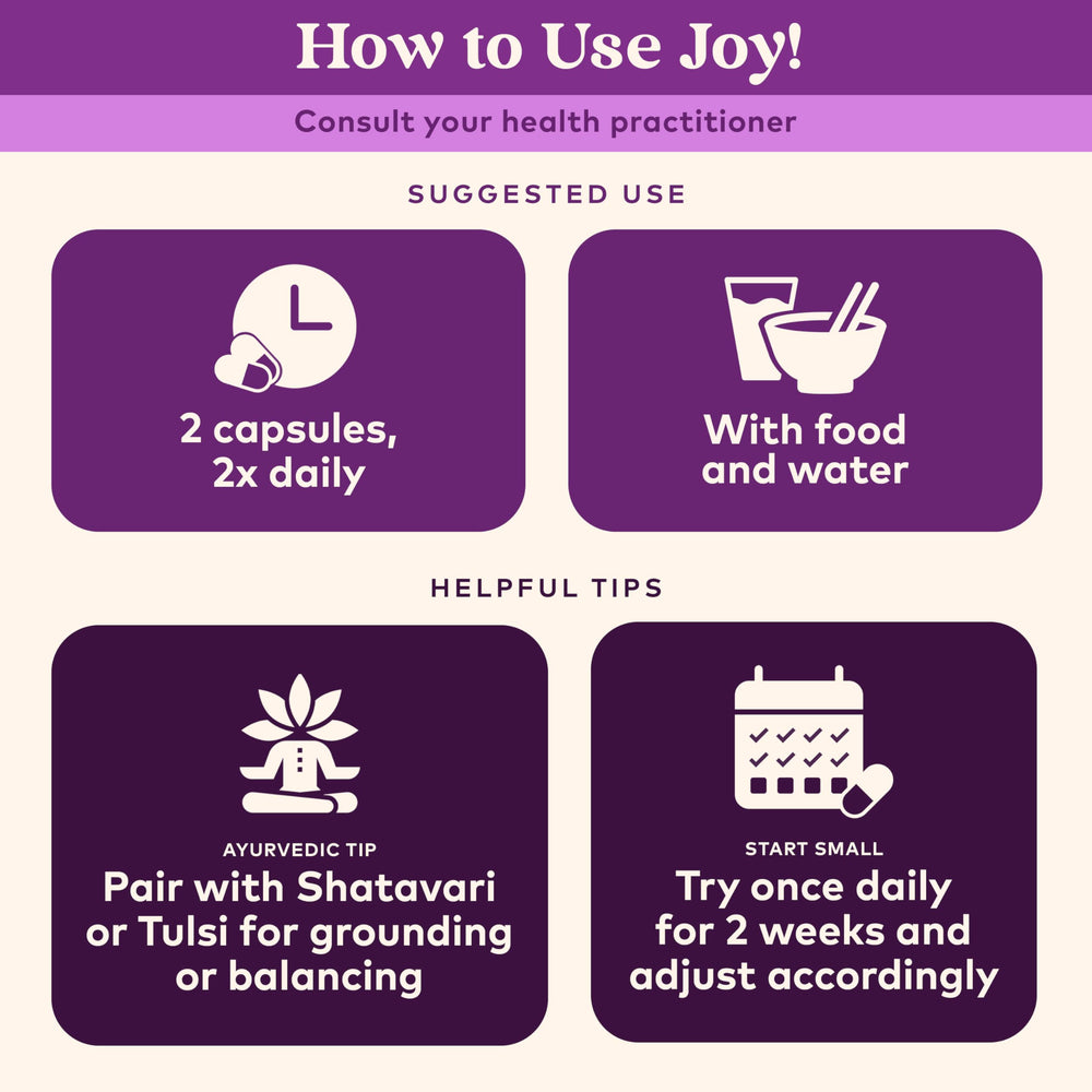 Organic India Joy dosage-direction illustrating simple daily intake for steady mood and focus.