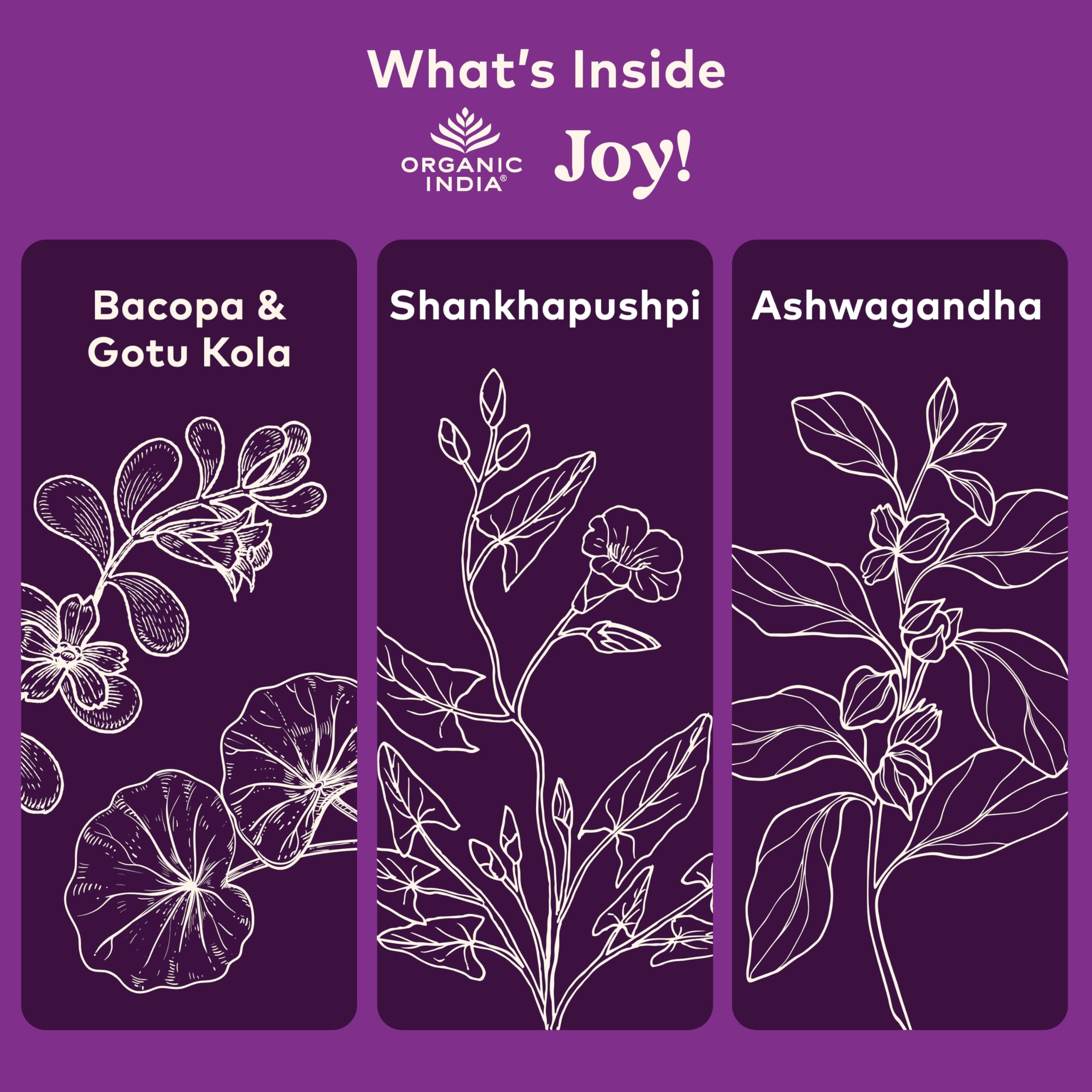 Organic India Joy label-detail displaying organic, vegan, and non-GMO certifications.