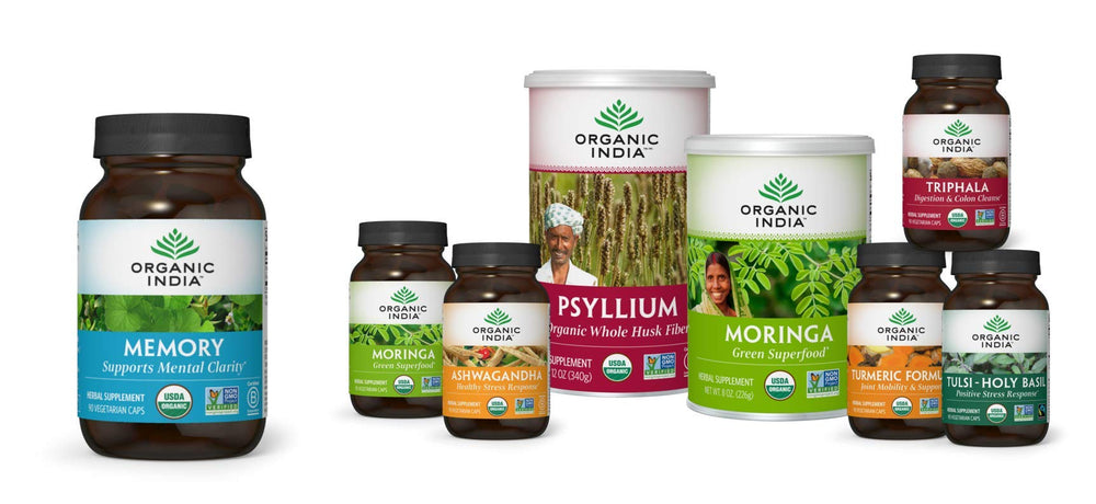 Organic India Memory brand logo emphasizing trusted organic heritage.