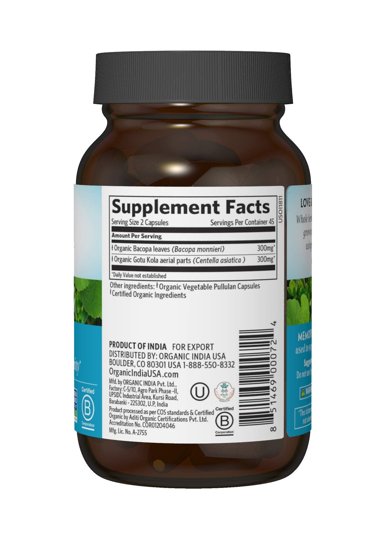 Organic India Memory capsules close-up promoting easy daily usage and cognitive-friendly routine.