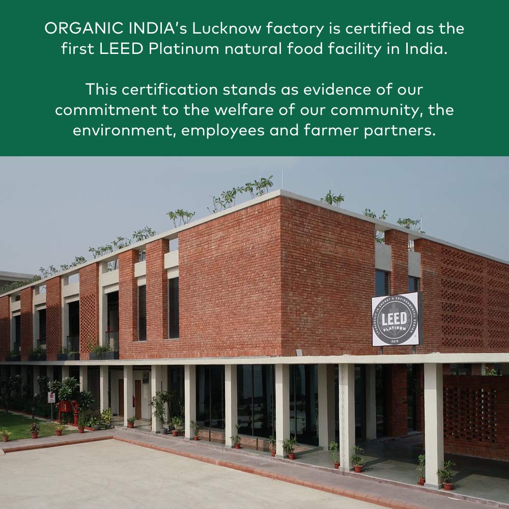 Organic India Memory packaging box showcasing sustainable farming story and product ethos.
