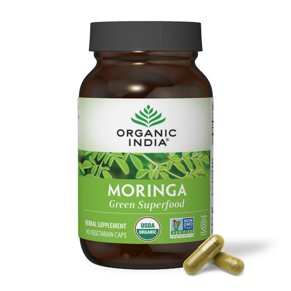 Organic India Moringa bottle label highlighting vegan and gluten-free status for daily wellness