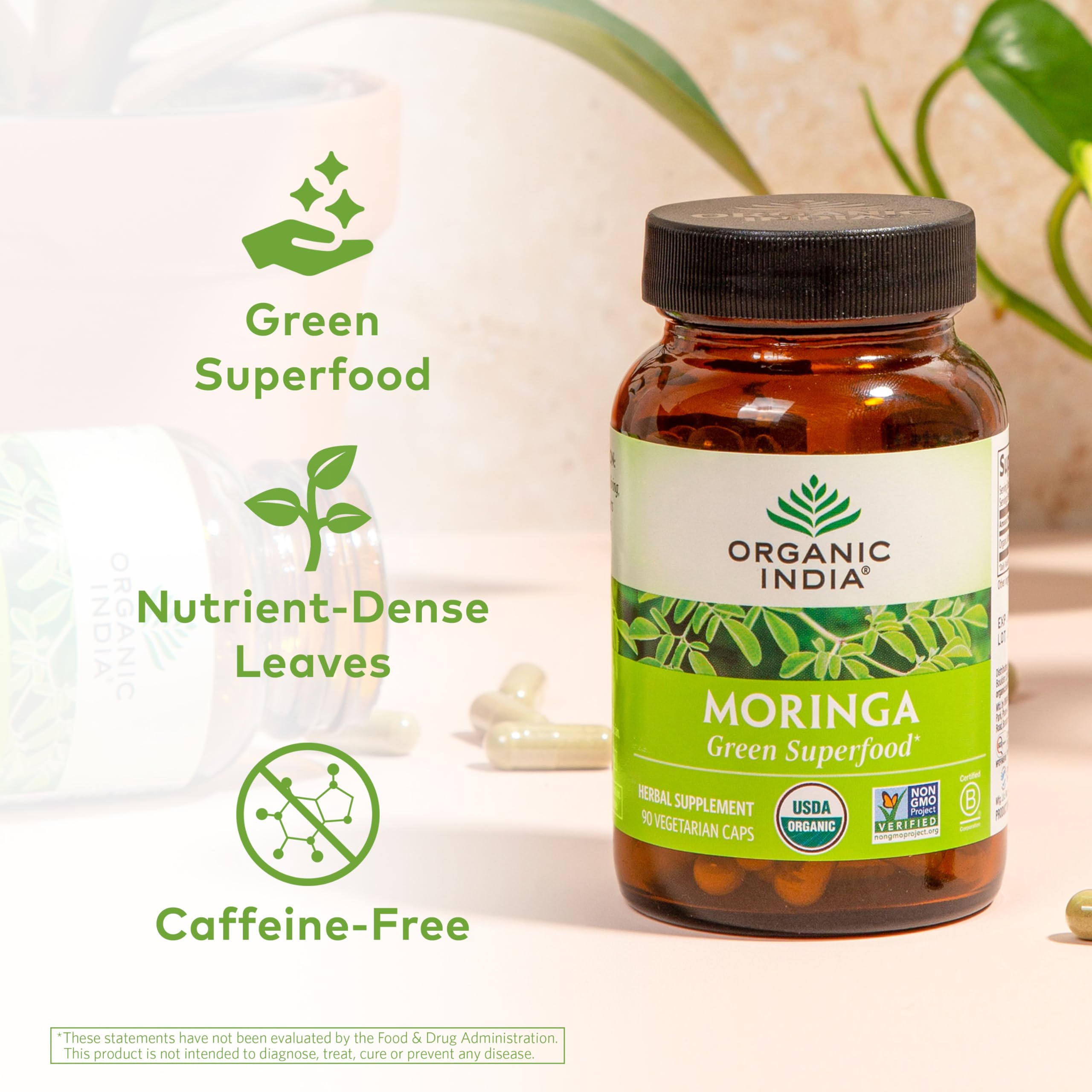 Close-up of Organic India Moringa capsules showing plant-based nutrition