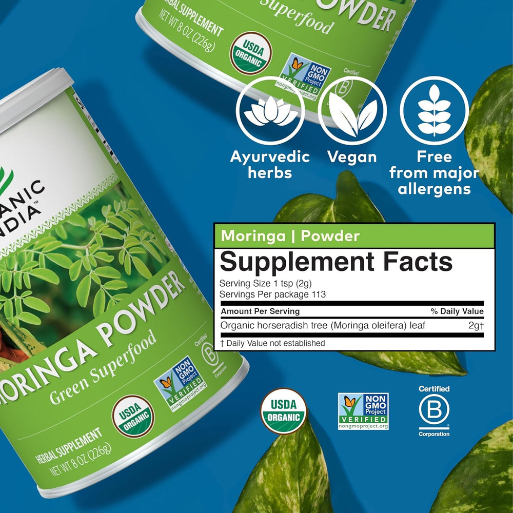 Organic India Moringa Powder bottle with green glow communicates everyday vitality.