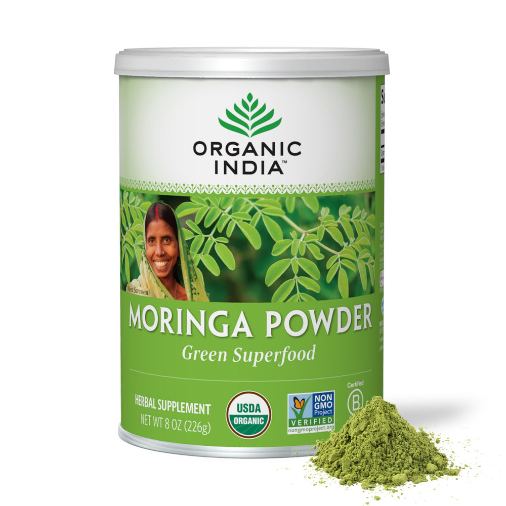 Organic India Moringa powder canister for convenient daily nutrition.