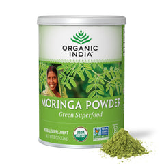 Organic India Moringa powder canister for convenient daily nutrition.