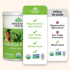 Organic India Moringa powder ingredient label highlighting vitamins and minerals.