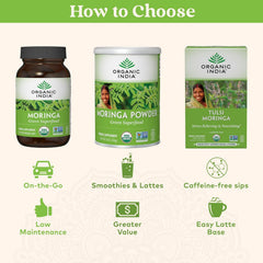 Organic India Moringa Powder nutrition panel shows vitamins and minerals.