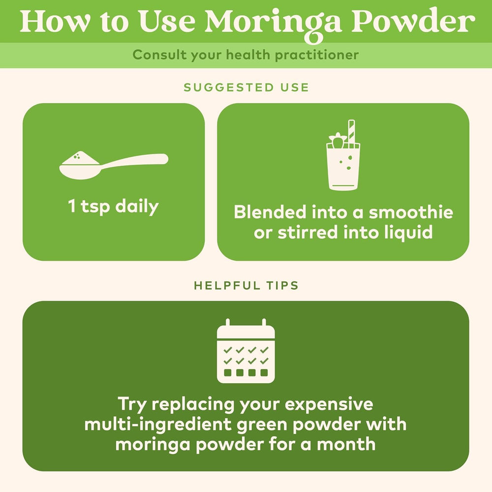 Organic India Moringa Powder scoop demonstrates easy daily greens boost.