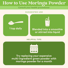 Organic India Moringa Powder scoop demonstrates easy daily greens boost.