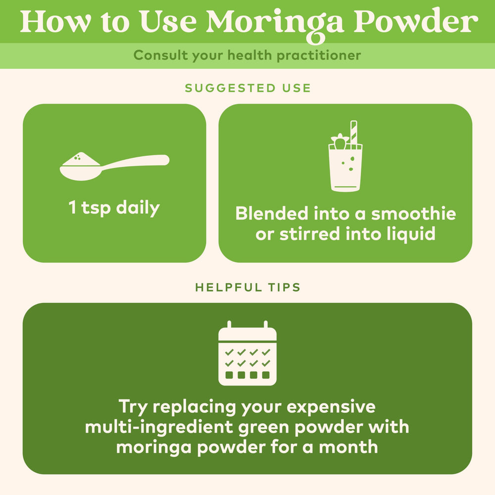 Organic India Moringa powder scoop for precise, measured servings.