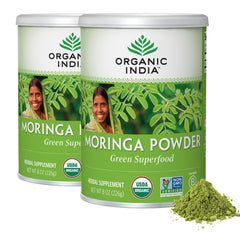 Organic India Moringa Powder tub label highlights organic certification and immune-supporting nutrients.
