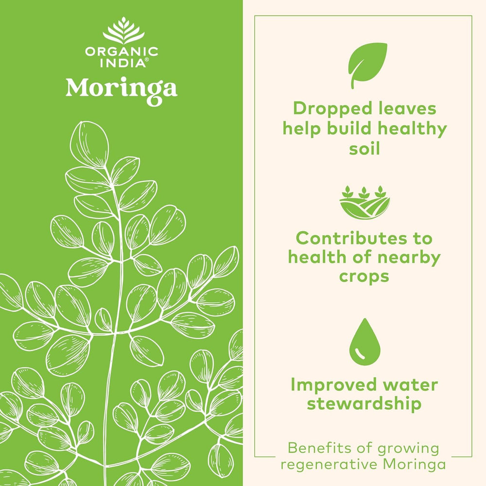 Organic India Moringa Powder USDA badge confirms certified organic sourcing.
