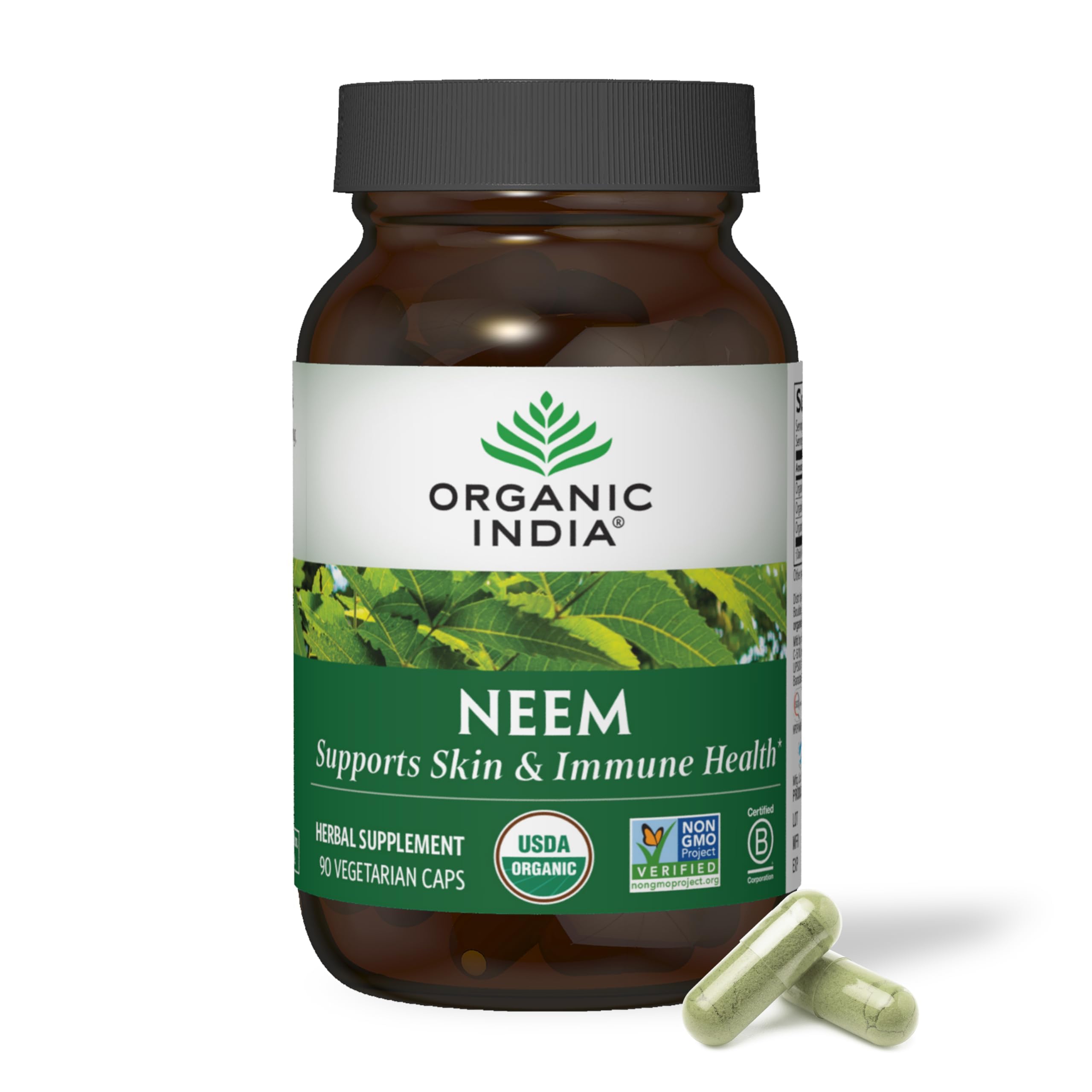 ORGANIC INDIA Neem Leaf Capsules bottle shown for daily skin and immune support.