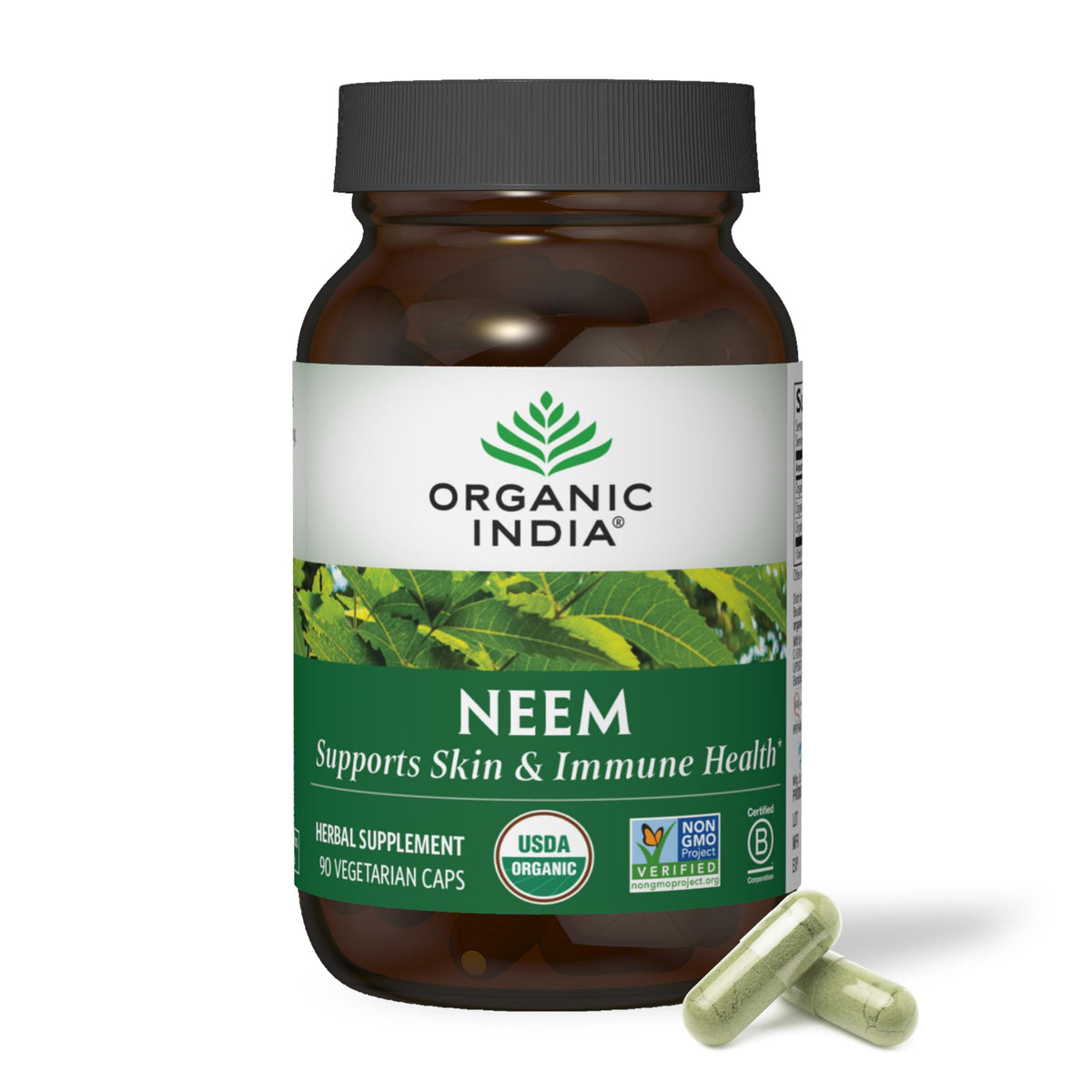 ORGANIC INDIA Neem Leaf Capsules bottle shown for daily skin and immune support.