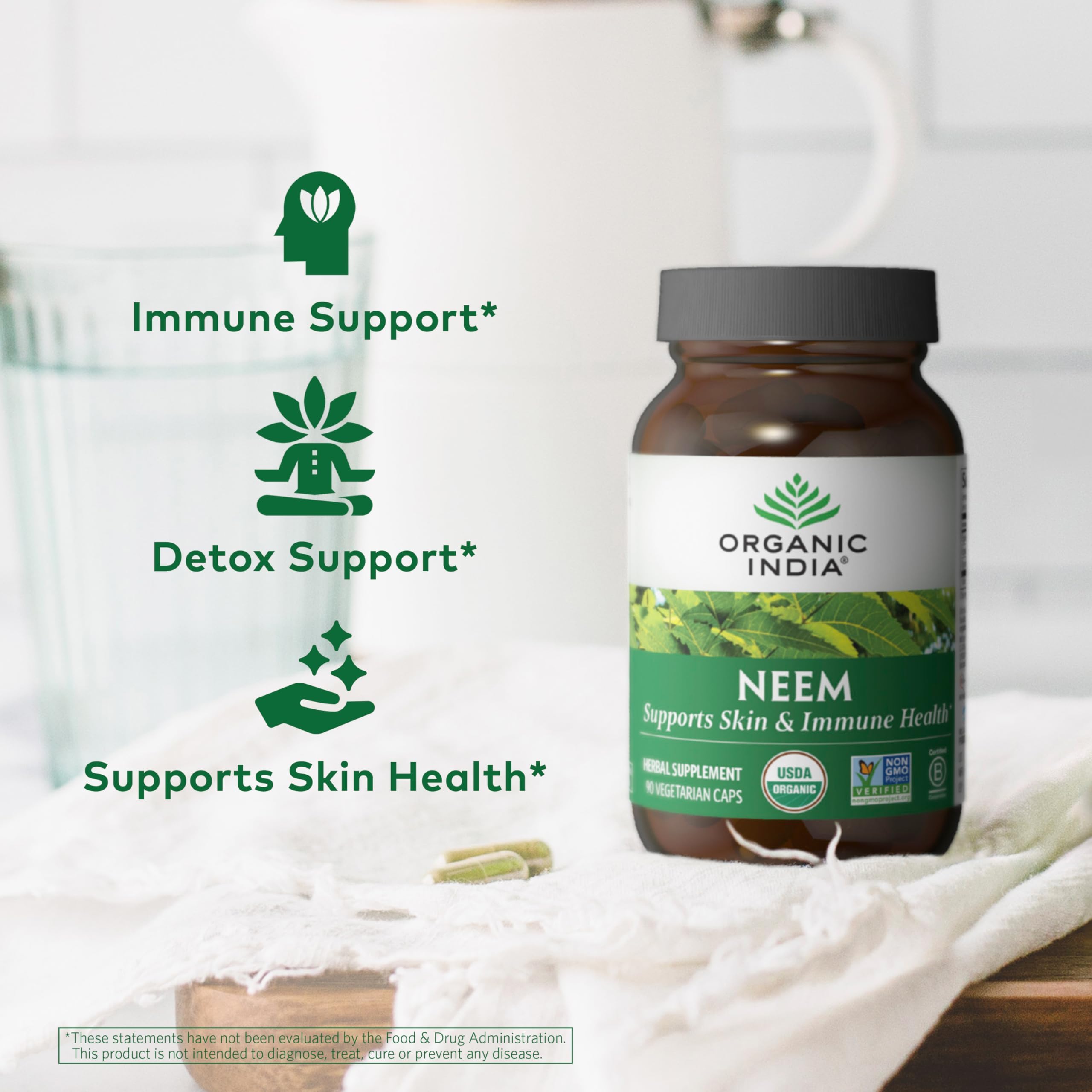 ORGANIC INDIA Neem Leaf leaves background signals natural source for wellness.