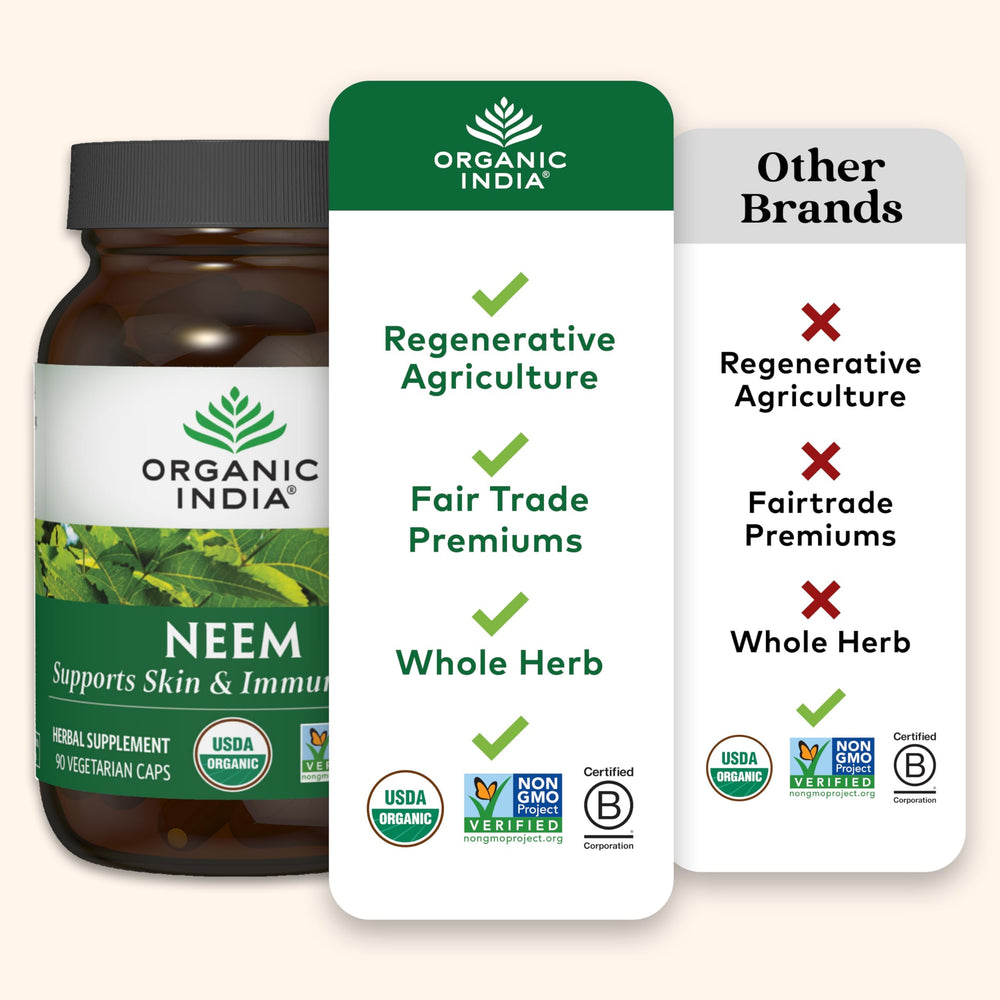 ORGANIC INDIA Neem Leaf Capsules icons indicate vegan and gluten-free options.