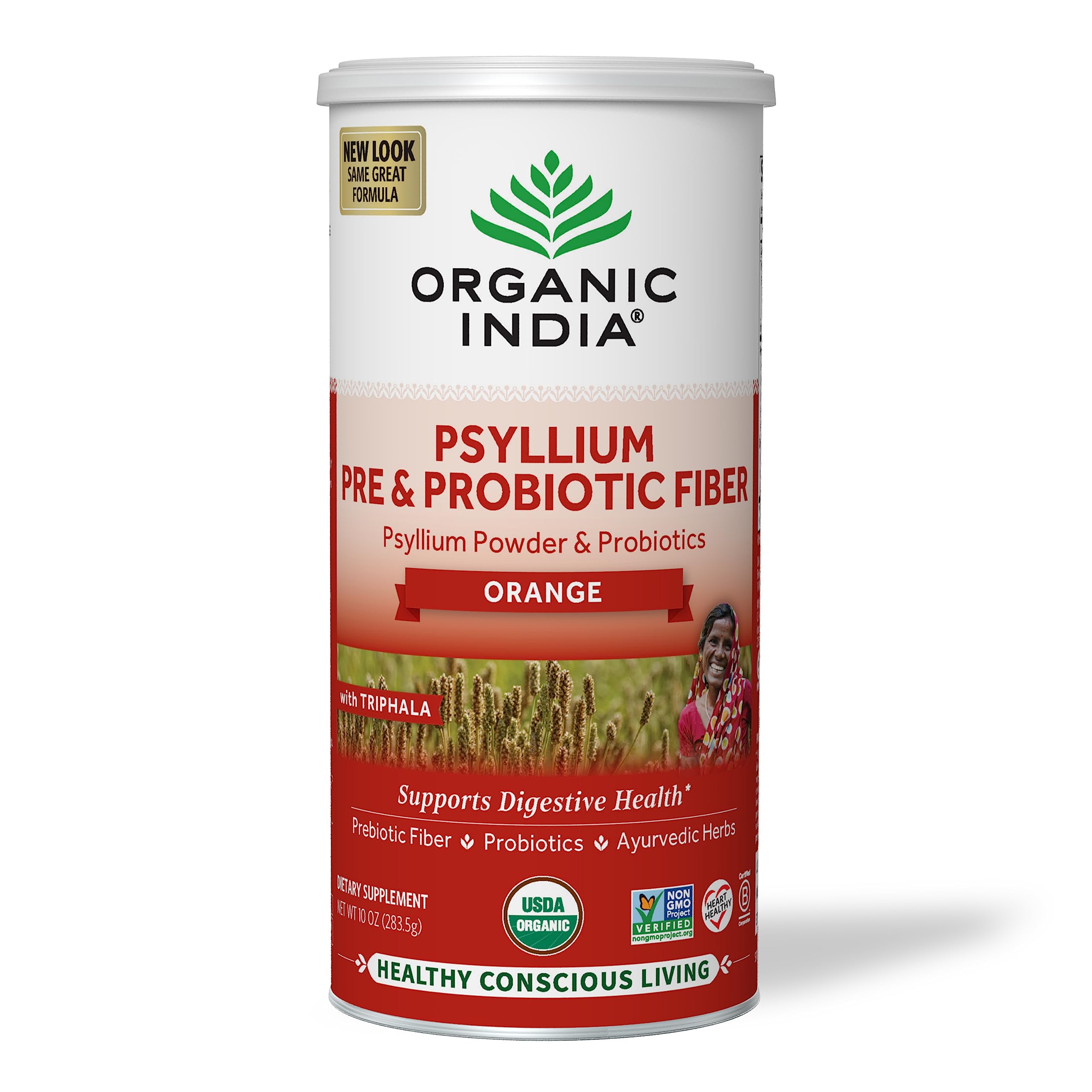 Polvo de cáscara de psyllium Organic India, empaque frontal para digestión diaria.