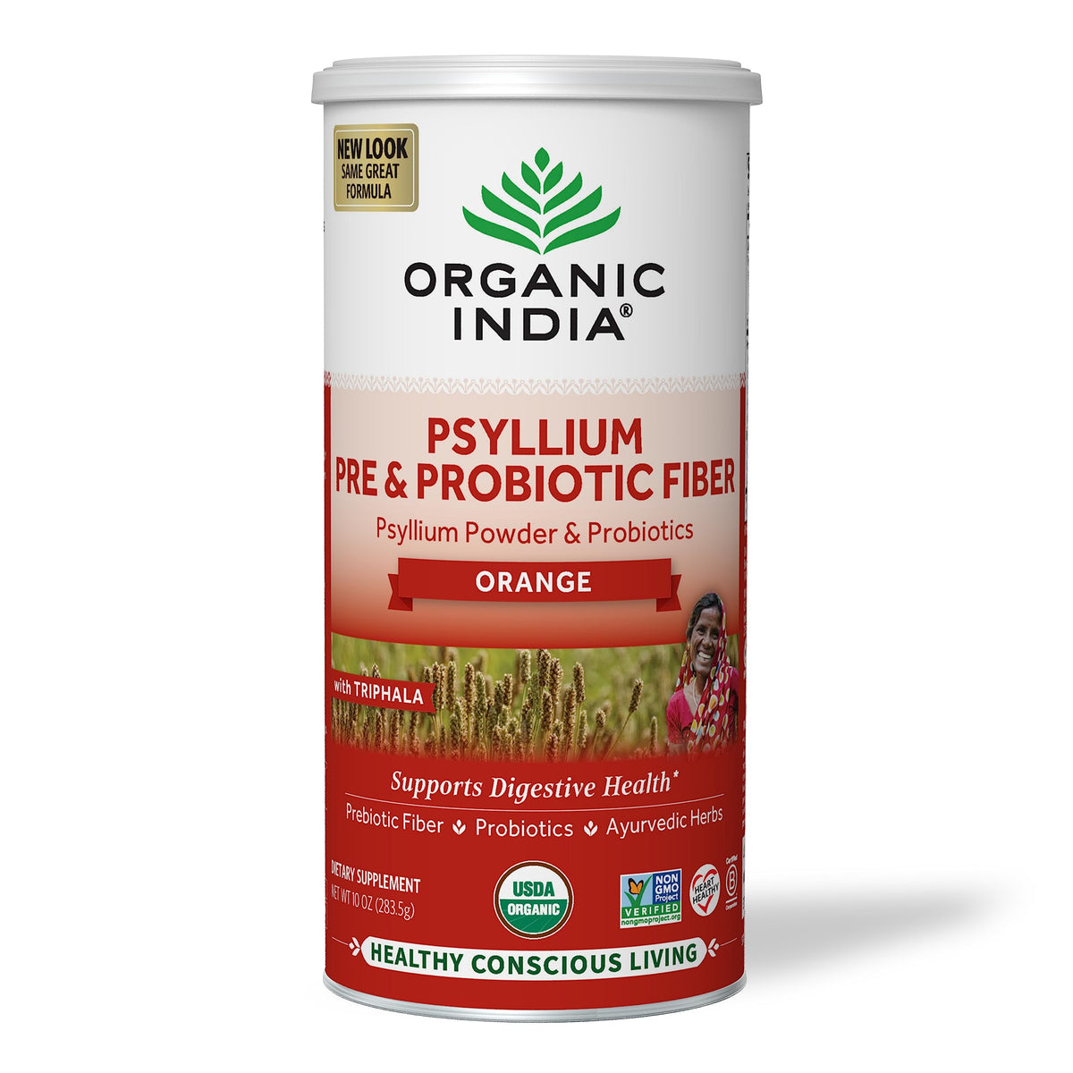 Polvo de cáscara de psyllium Organic India, empaque frontal para digestión diaria.