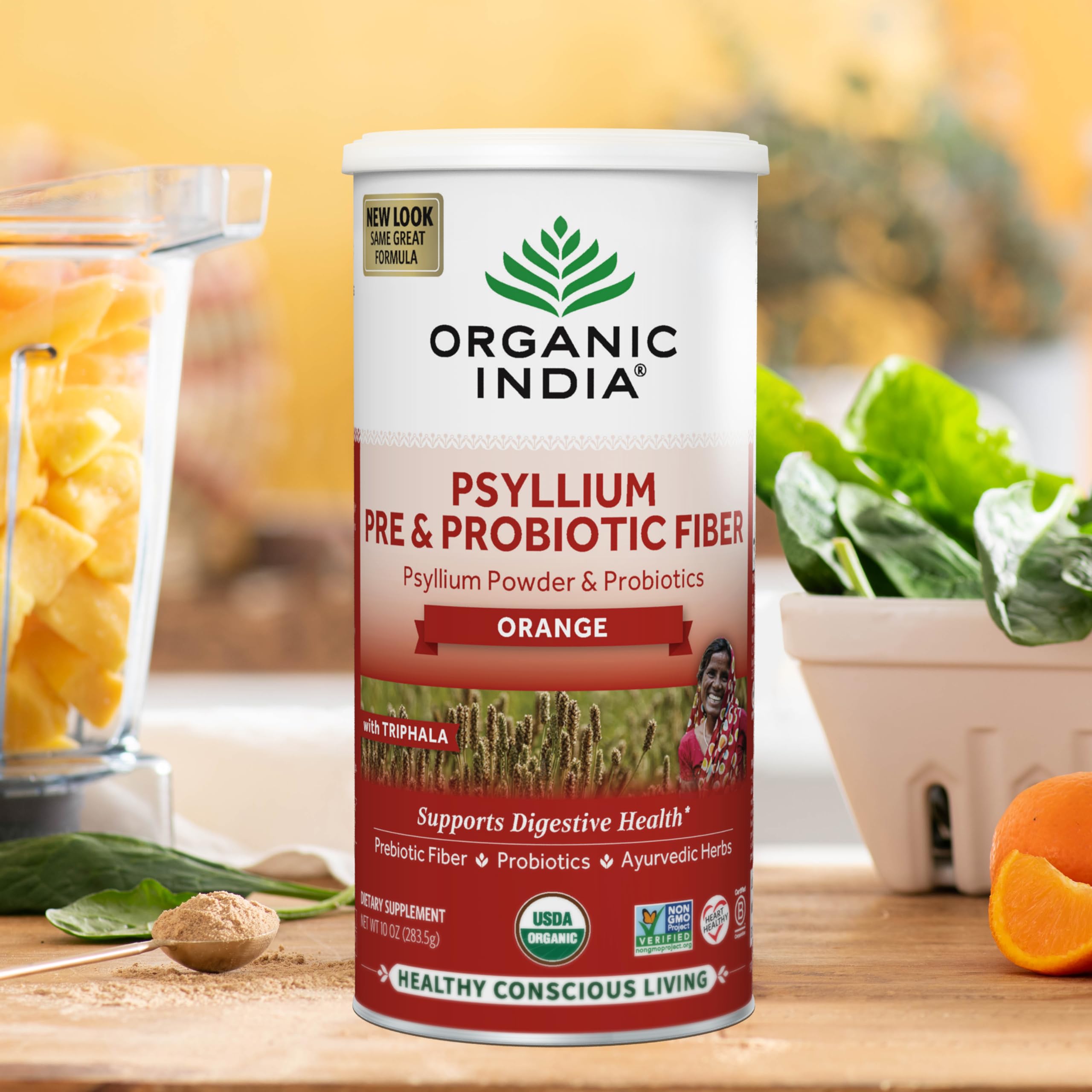 Frasco de 10 oz Organic India, fibra para recetas horneadas.