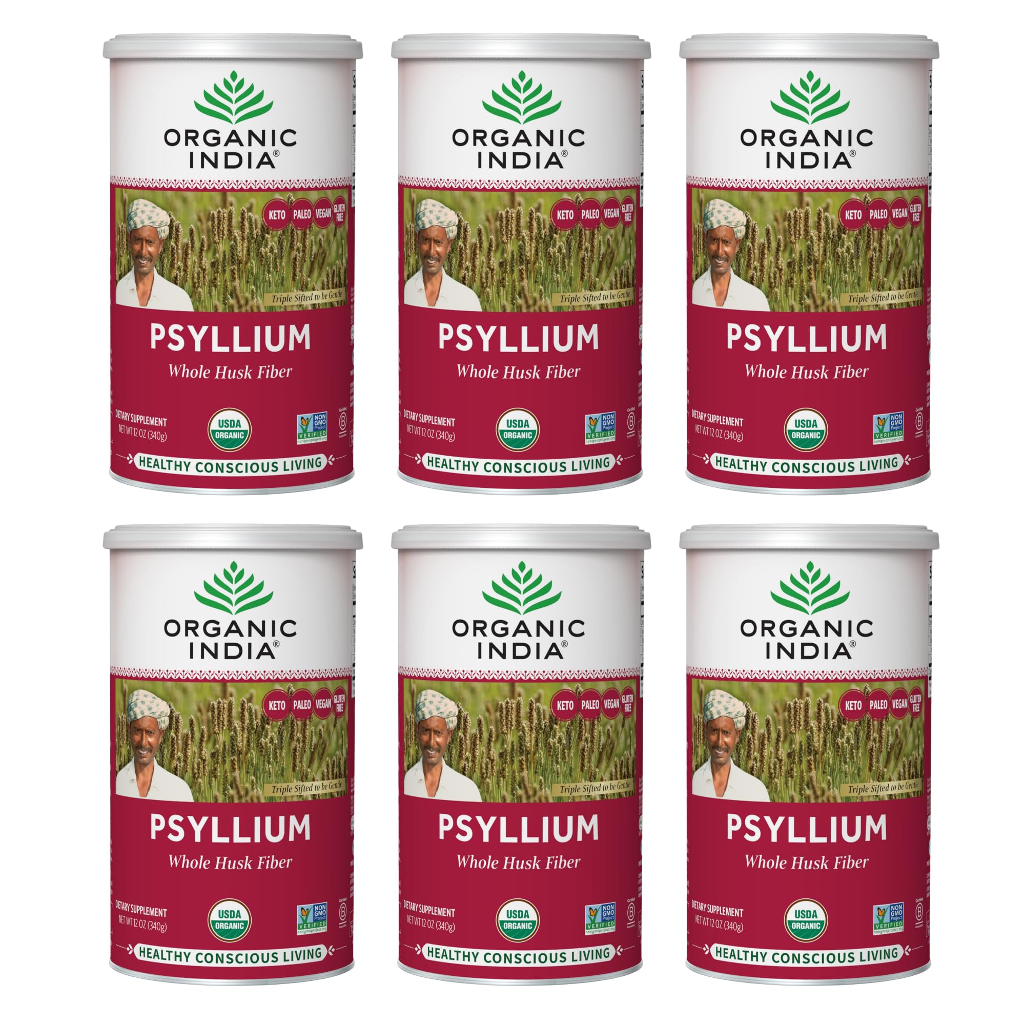 Organic India Psyllium powder canister promotes gentle elimination.