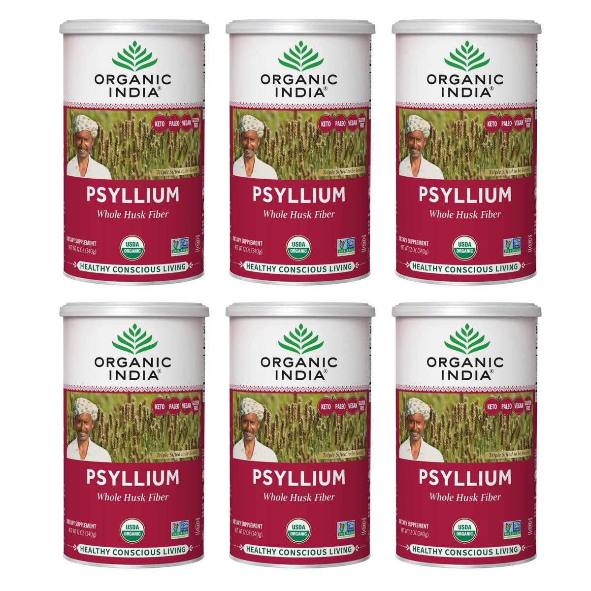 Organic India Psyllium powder canister promotes gentle elimination.