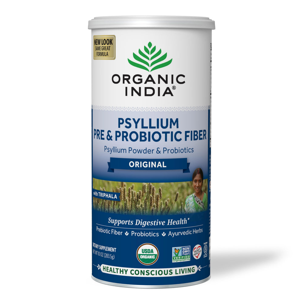 Organic India psyllium husk powder bottle pour supports daily fiber intake with a gentle, bulk-forming action