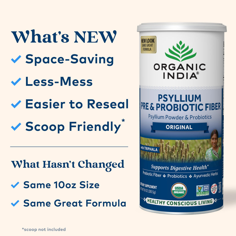 Organic India psyllium husk powder field farm background highlights sustainable farming