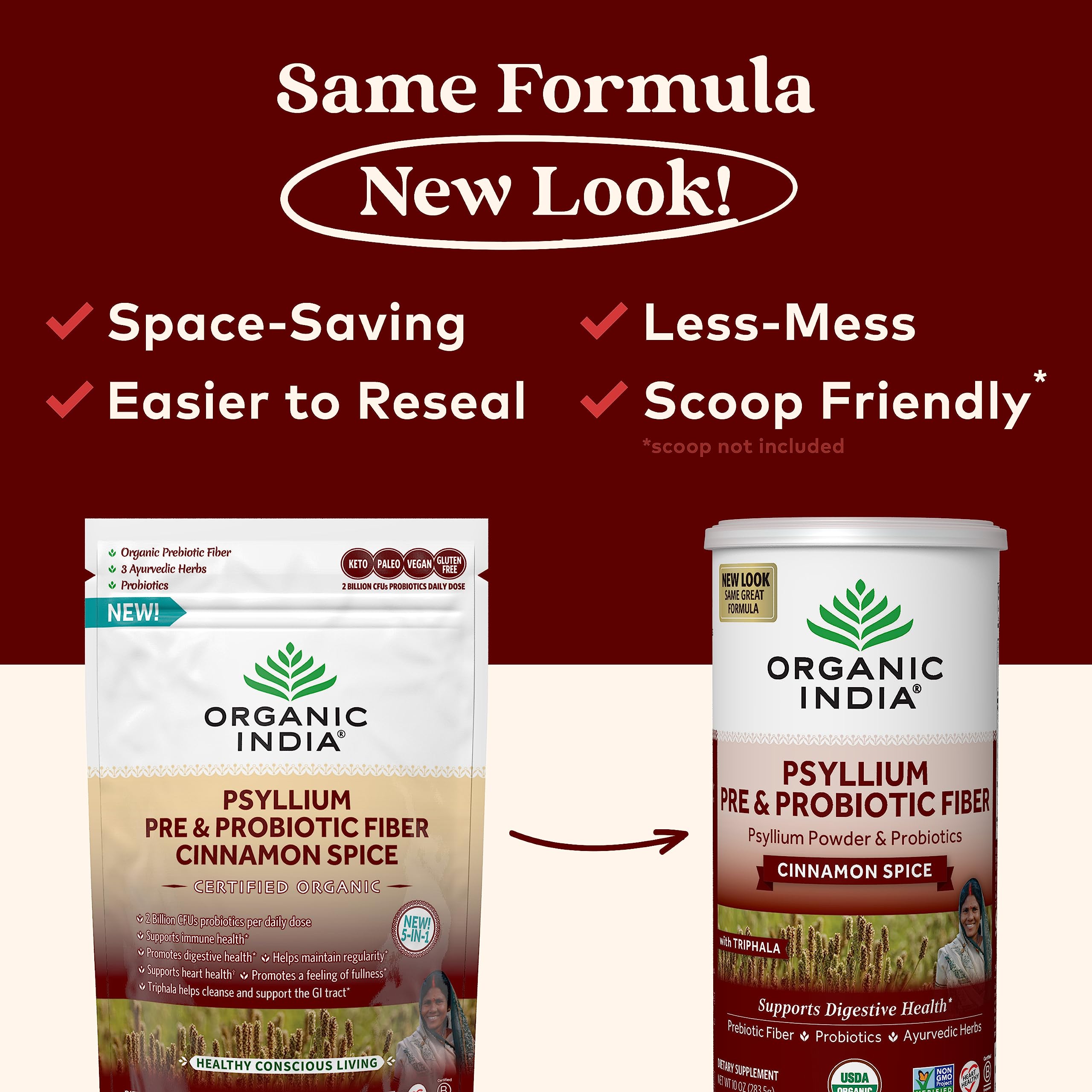 ORGANIC INDIA psyllium husk powder scoop showing measured serving