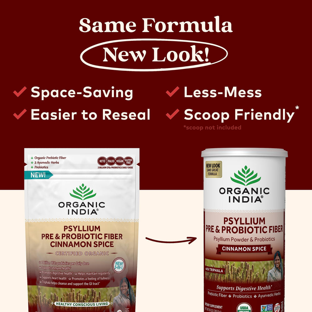 ORGANIC INDIA psyllium husk powder scoop showing measured serving
