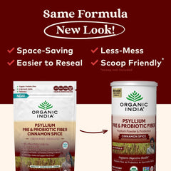 ORGANIC INDIA psyllium husk powder scoop showing measured serving