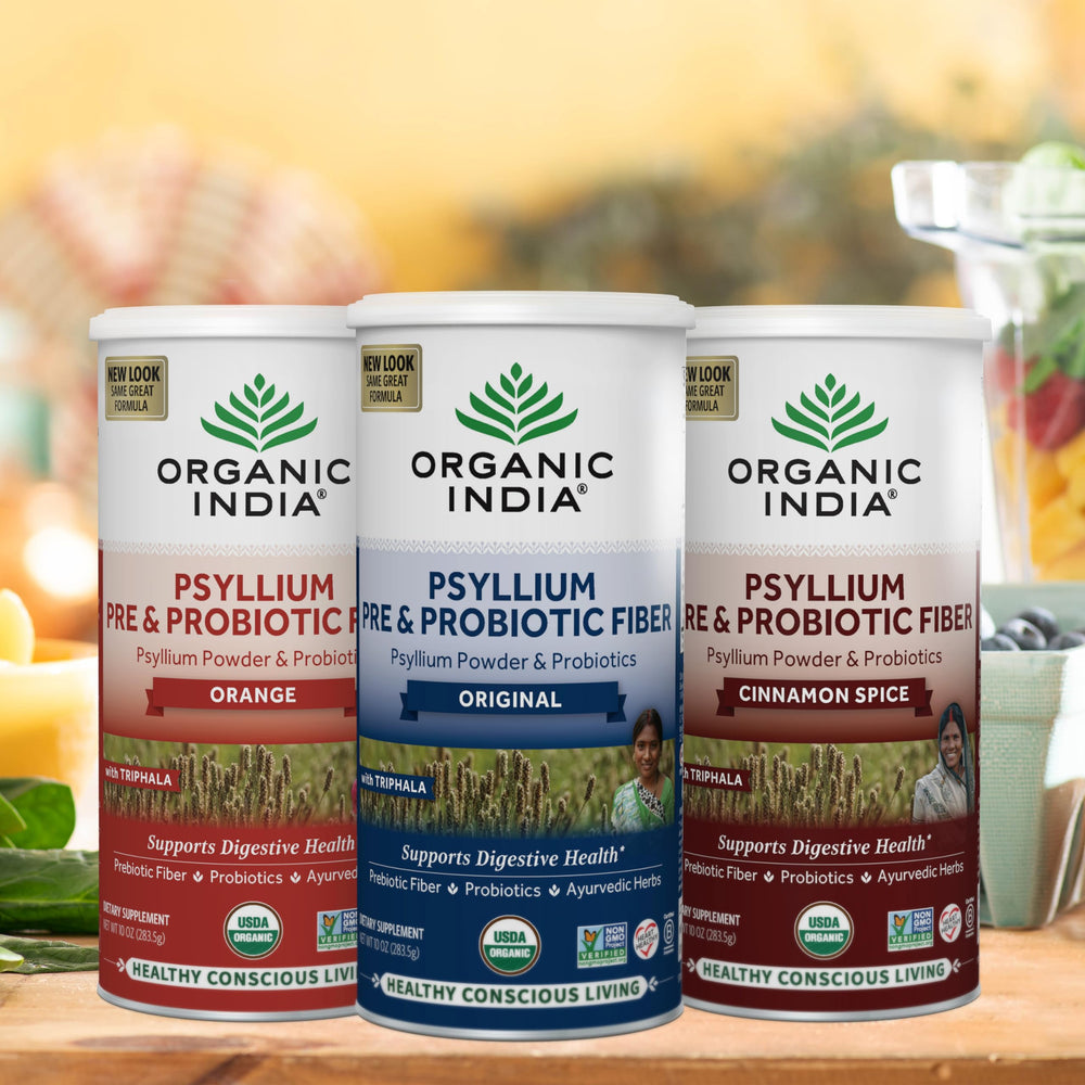 Organic India psyllium husk powder triphala blend emphasizes digestion support