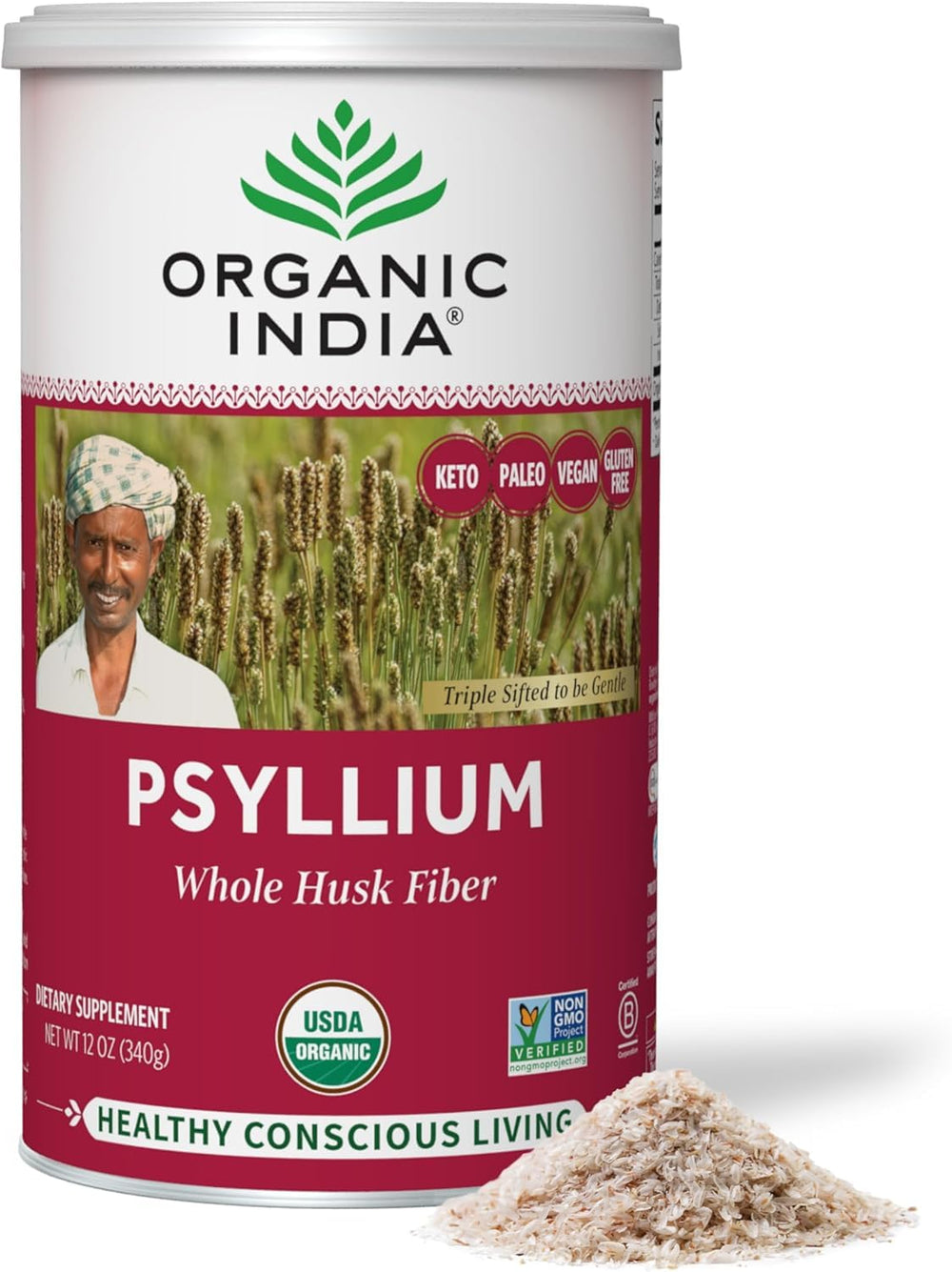 Organic India Psyllium canister label highlights organic fiber for daily wellness.