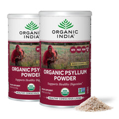 Organic India Psyllium Powder fine grain packaging for easy mixing and fiber intake