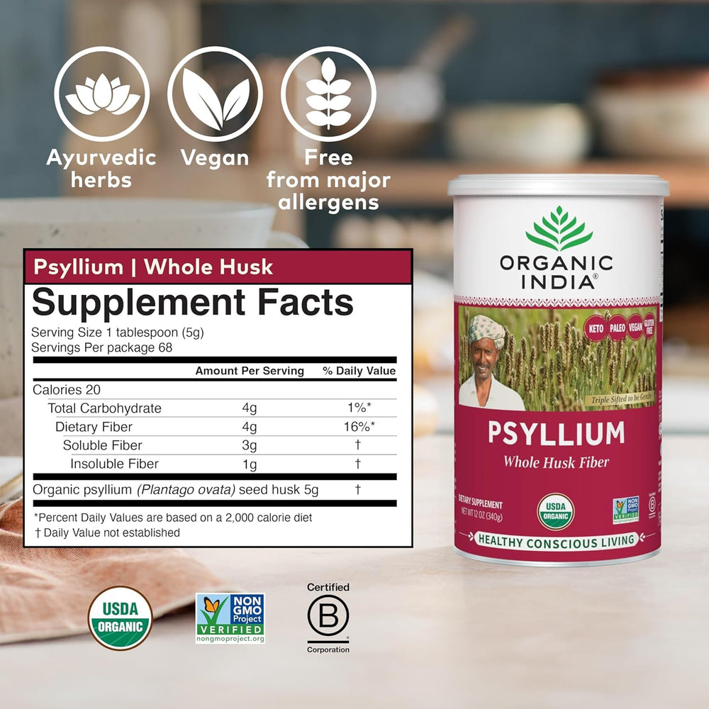 Organic India Psyllium powder in smoothie shows versatile fiber addition.