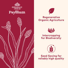 Packaging display shows keto-friendly, vegan, gluten-free Organic India psyllium option.