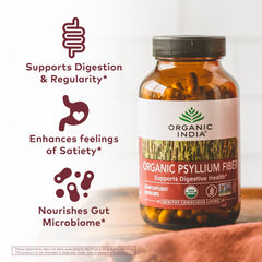 Organic India Psyllium powder pour showing fiber-rich texture for digestion