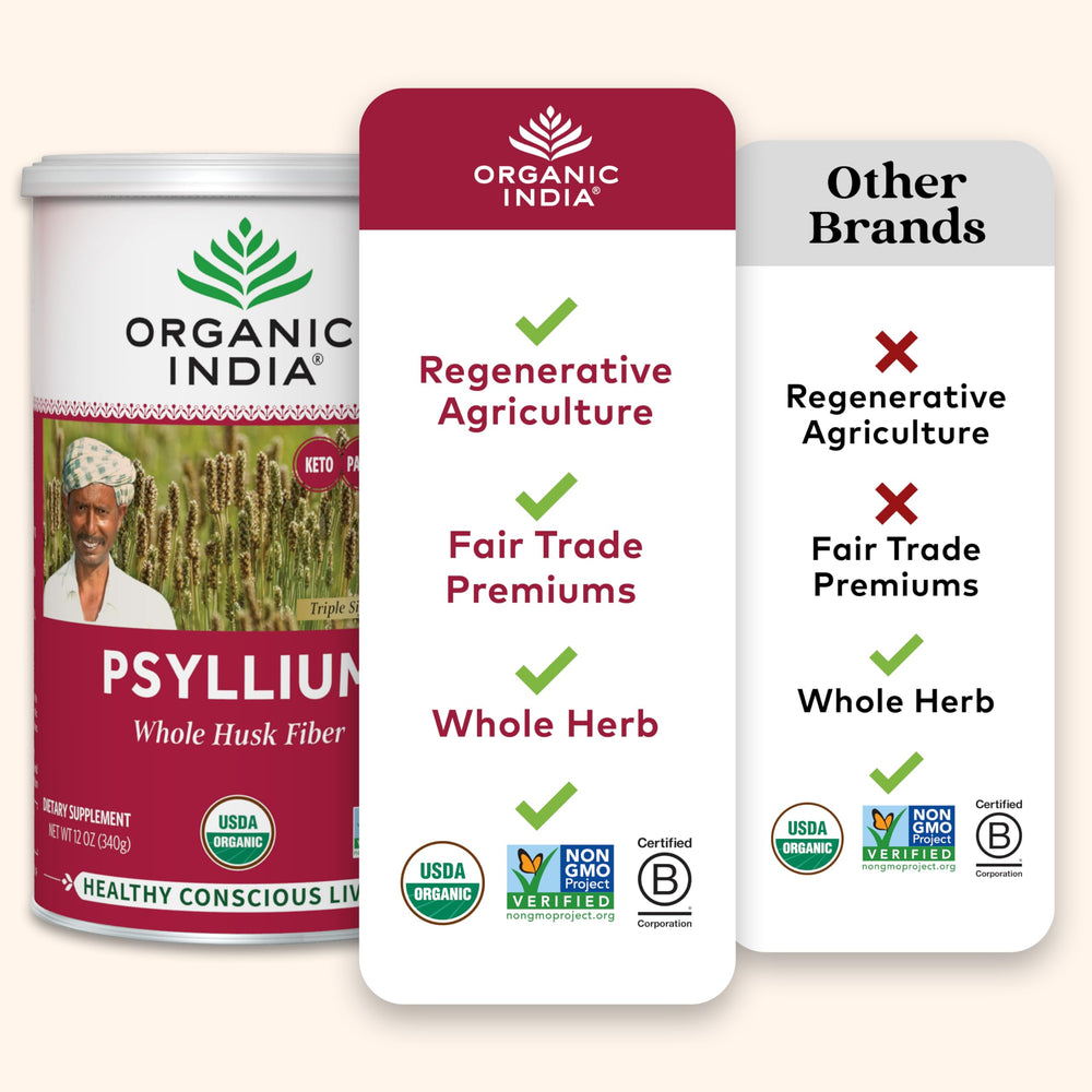 Organic India psyllium canister side view on a kitchen counter.