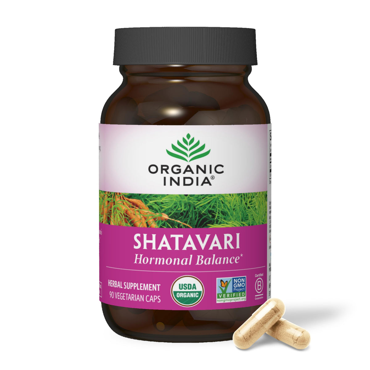 Organic India Shatavari bottle and capsules promote natural hormonal balance.