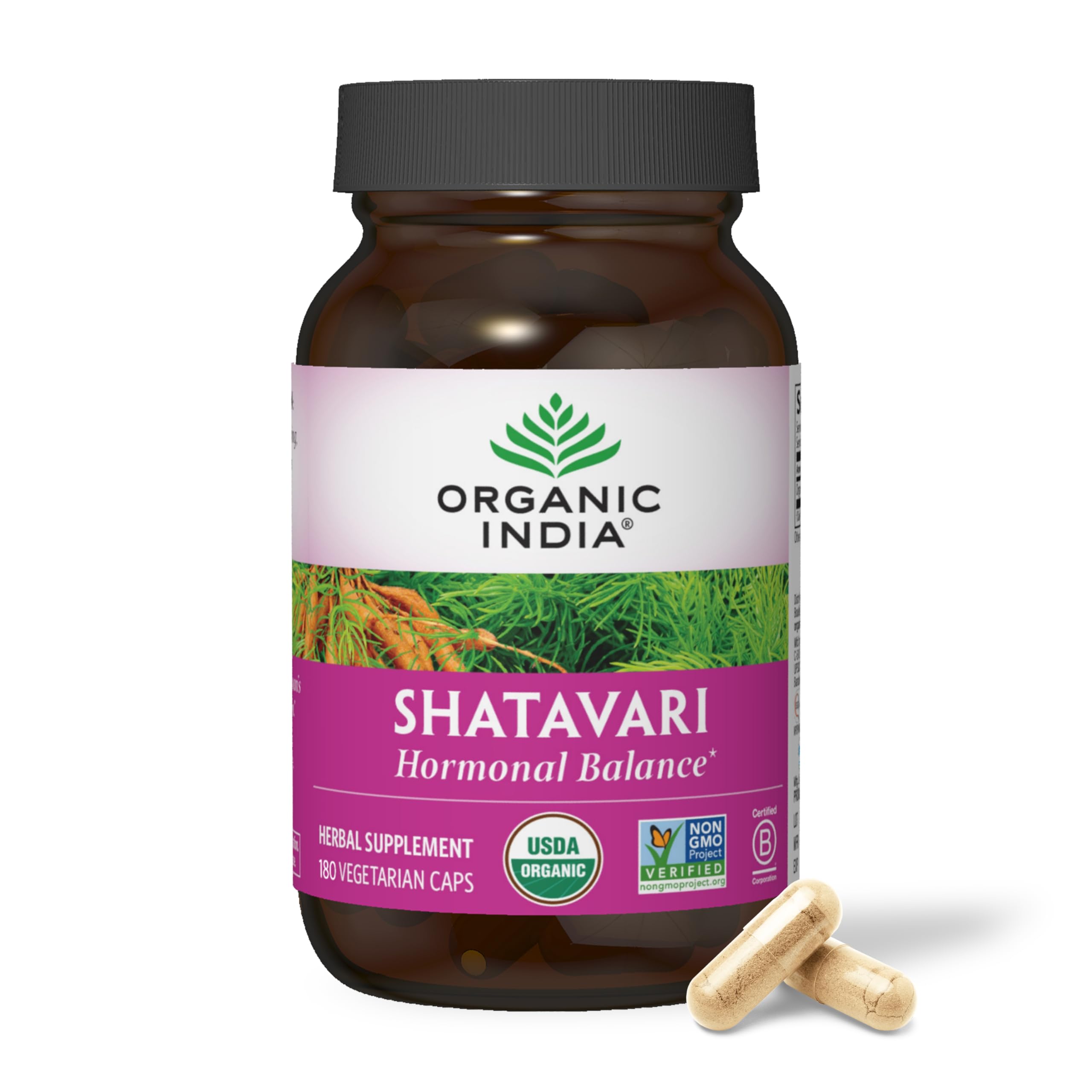 Organic India Shatavari capsules bottle showing hormonal balance focus and wellness benefits
