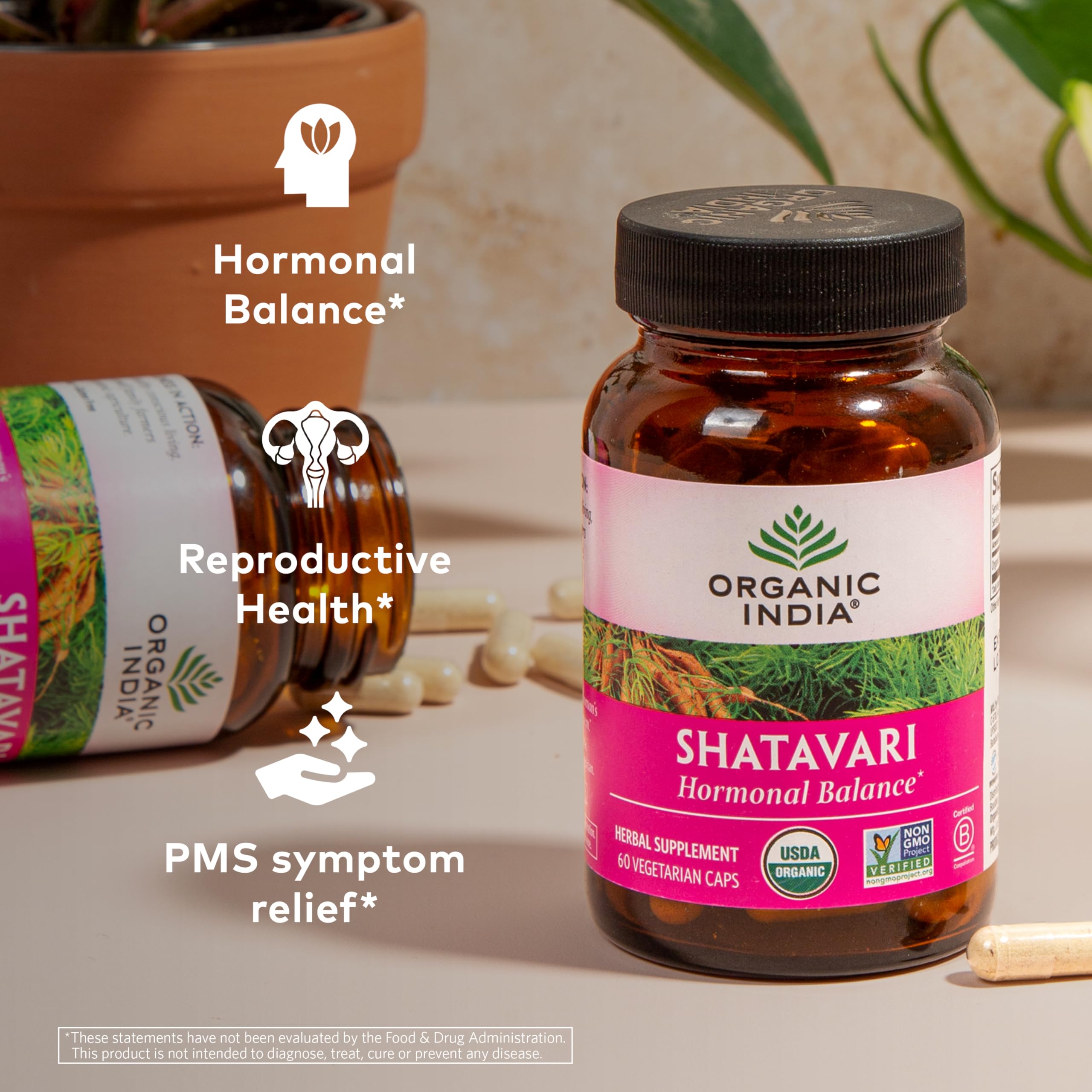 Organic India Shatavari capsules close-up, easy-to-take capsule form.