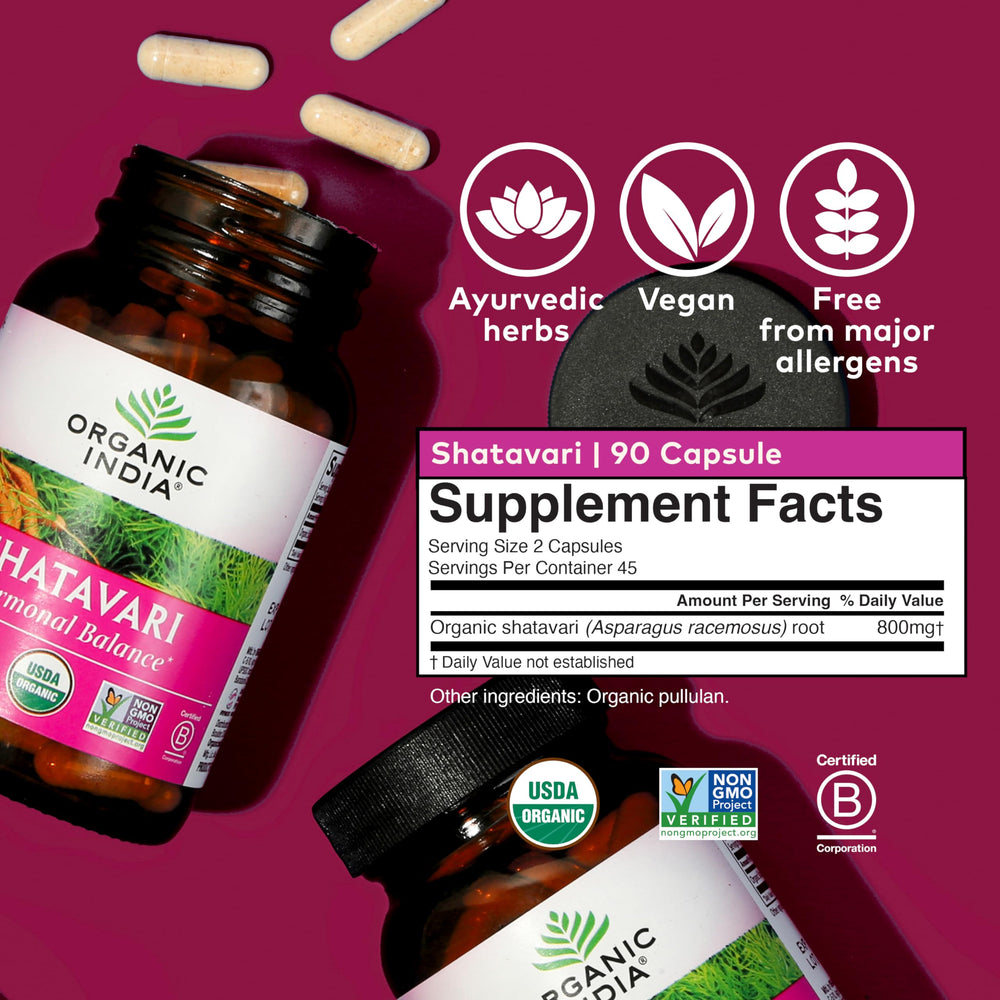 Shatavari label packaging highlights USDA Organic and non-GMO certification.