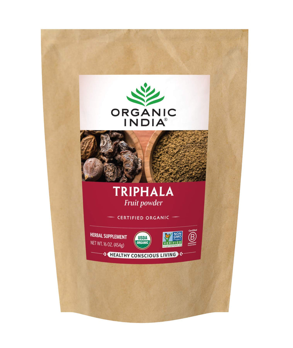 Organic India Triphala bottle and label highlighting digestive support.